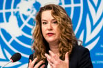 IOM Director General Amy Pope speaks at a Geneva press briefing on human trafficking in Southeast Asia scam compounds, July 28 2026