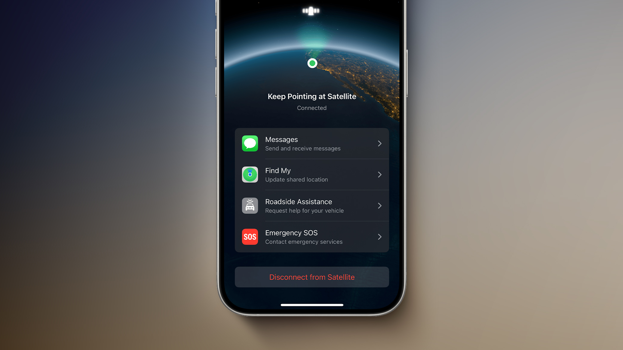 iPhone showing satellite connectivity for Emergency SOS in a remote area without cellular coverage