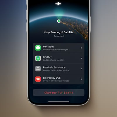 iPhone showing satellite connectivity for Emergency SOS in a remote area without cellular coverage