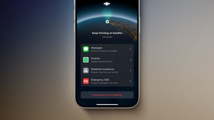 iPhone showing satellite connectivity for Emergency SOS in a remote area without cellular coverage
