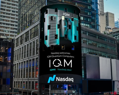IQM Quantum Computers ticker IQMX displayed on Nasdaq Tower in Times Square New York