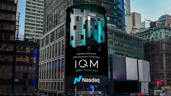 IQM Quantum Computers ticker IQMX displayed on Nasdaq Tower in Times Square New York