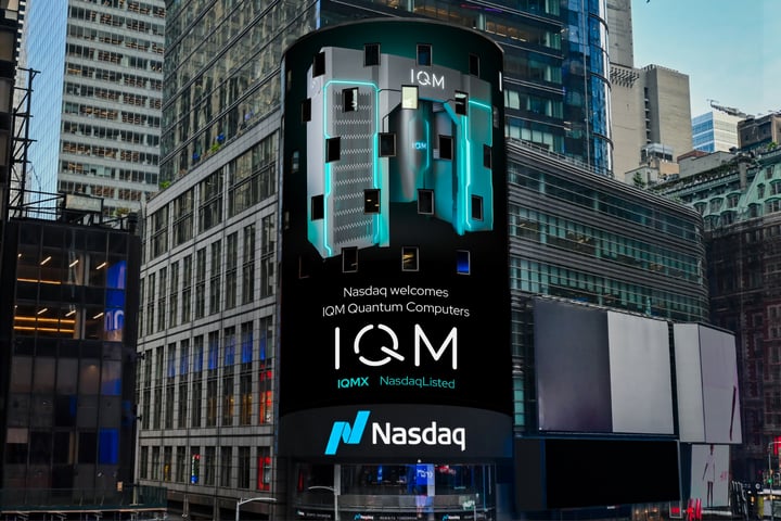 IQM Quantum Computers ticker IQMX displayed on Nasdaq Tower in Times Square New York