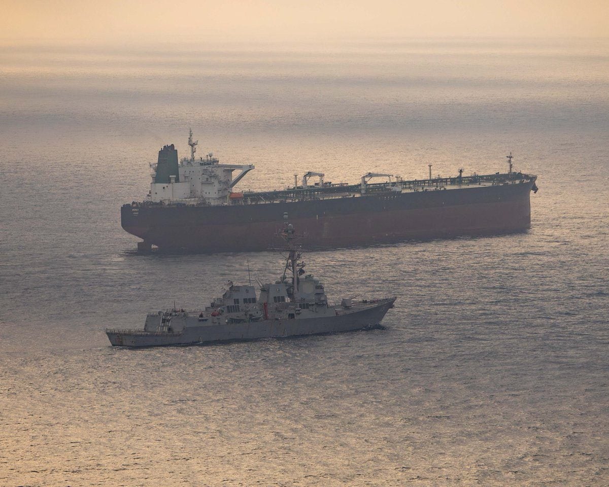 Tanker vessel transiting the Strait of Hormuz under IRGC corridor authority, April 2026