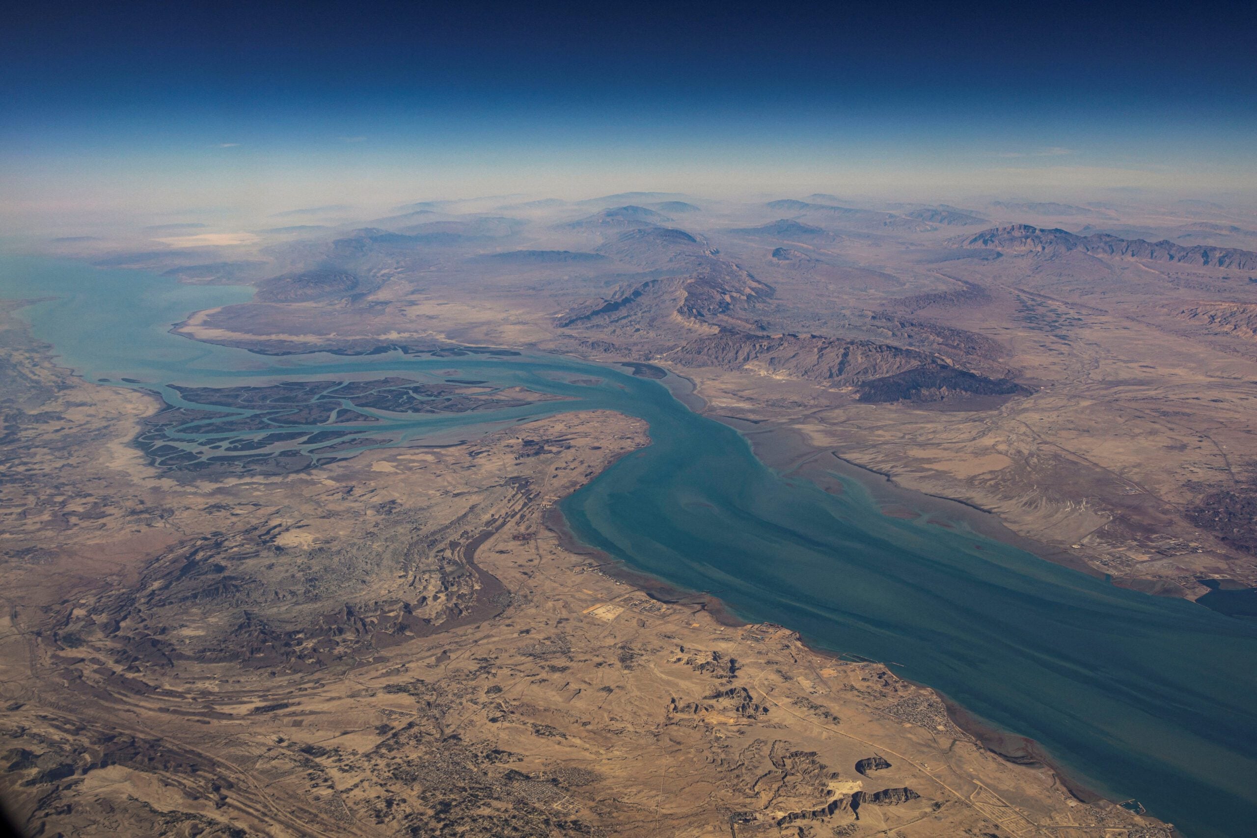 Aerial view of Iranian shores and Qeshm island in the Strait of Hormuz