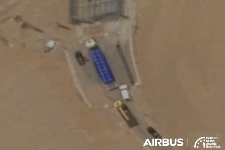 Satellite image showing trucks at Iran's Isfahan underground nuclear complex south tunnel entrance on June 9 2025
