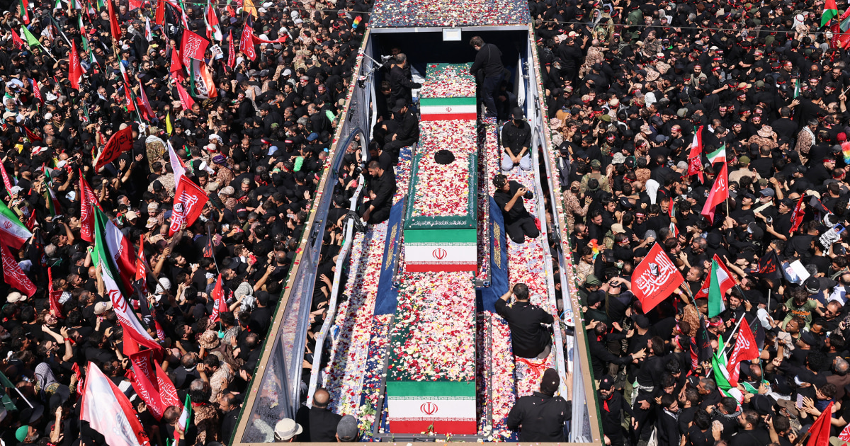 Coffins of Iran Supreme Leader Ayatollah Khamenei and family carried through Tehran streets during the Iran-US war