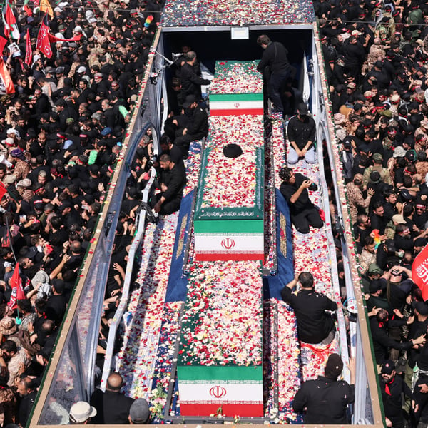 Coffins of Iran Supreme Leader Ayatollah Khamenei and family carried through Tehran streets during the Iran-US war