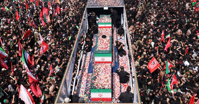 Coffins of Iran Supreme Leader Ayatollah Khamenei and family carried through Tehran streets during the Iran-US war