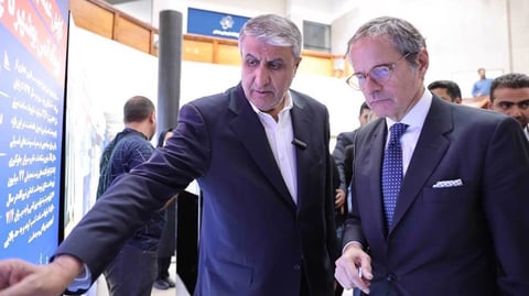 Iran Atomic Energy Organization chief Mohammad Eslami with IAEA Director General Rafael Grossi, whose inspectors cannot verify the location of Iran's 440 kg uranium stockpile