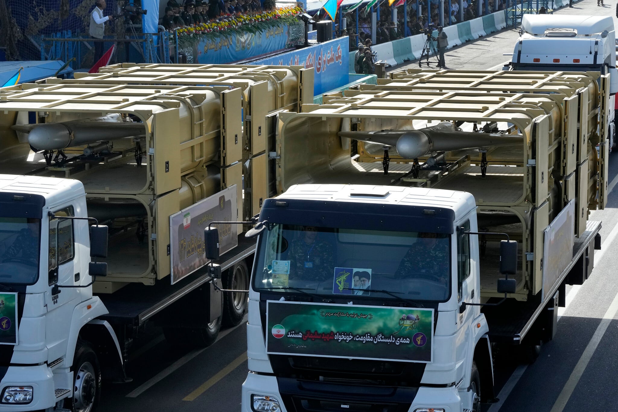 Shahed-136 loitering munitions on display used by Iran in drone strikes across the Middle East