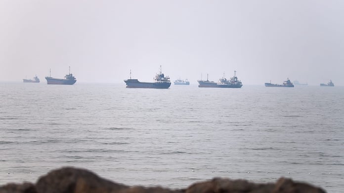 Commercial vessels navigate the Strait of Hormuz off Bandar Abbas amid Iran-US nuclear negotiations