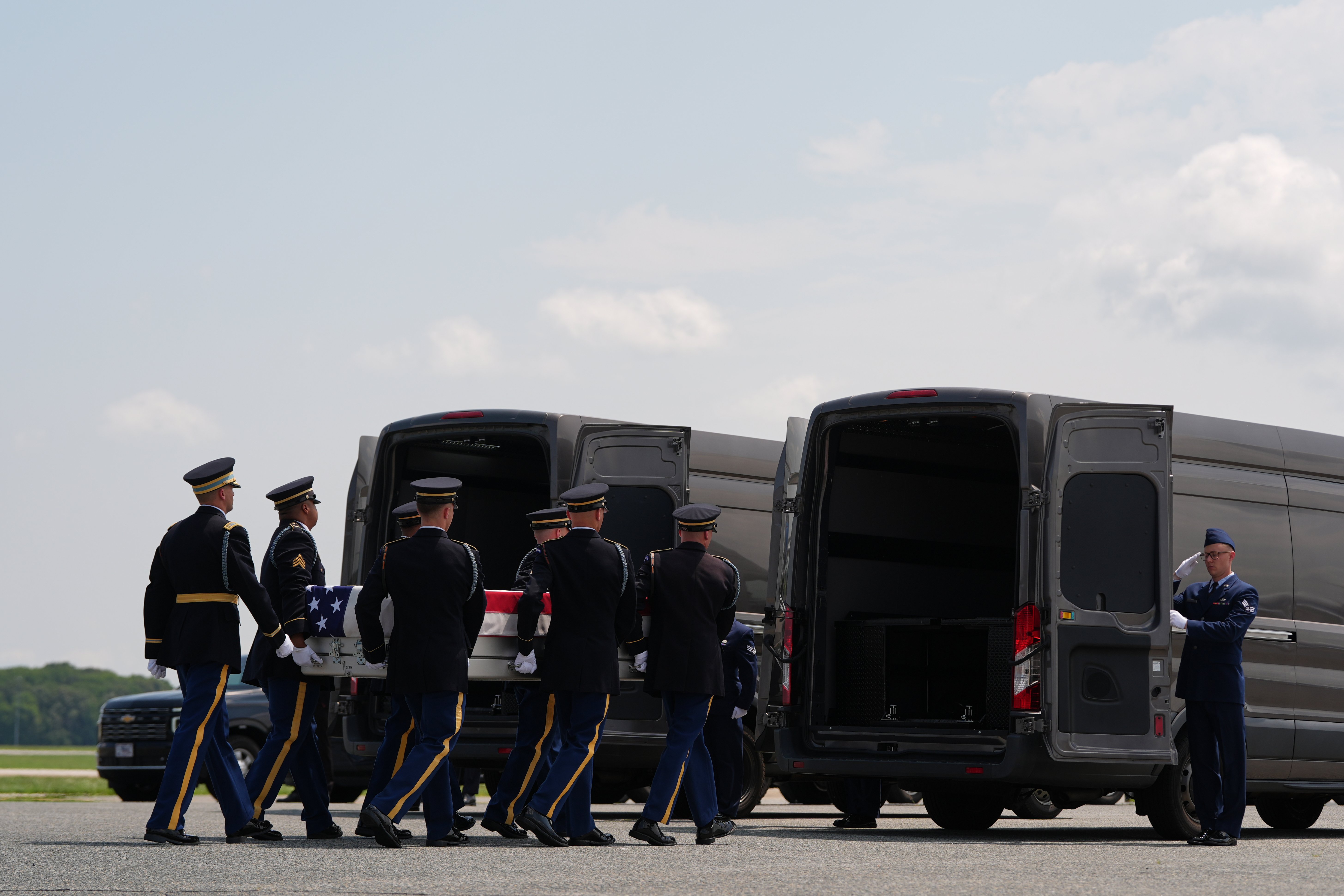 US Army carry team with casket of Lt Tyler James Feehan at Dover Air Force Base Delaware Iran war 2026