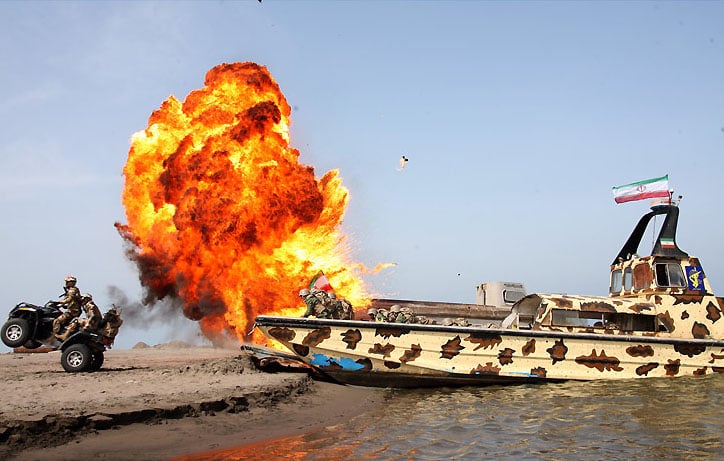 IRGC naval patrol and missile boats during a military exercise near the Strait of Hormuz