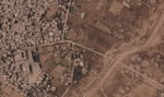 Satellite image showing Israel's earthen barrier cutting through central Gaza along the Yellow Line ceasefire boundary