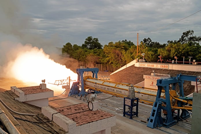Static ground test of ISRO's SOLVE rocket motor at Satish Dhawan Space Centre, Sriharikota
