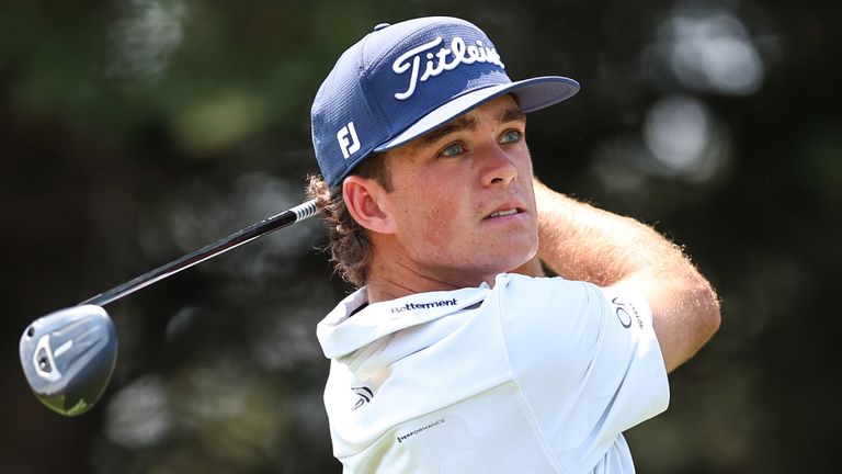 Jackson Koivun celebrates his first PGA Tour victory at the 3M Open at TPC Twin Cities in Blaine, Minnesota