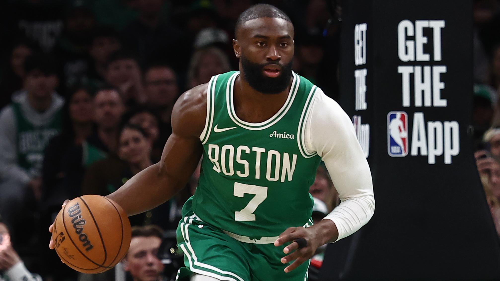 Jaylen Brown on the court during an NBA game