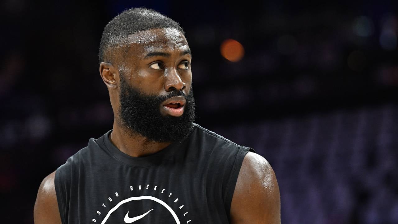 Jaylen Brown warming up before the Boston Celtics vs Philadelphia 76ers first-round playoff game in April 2026