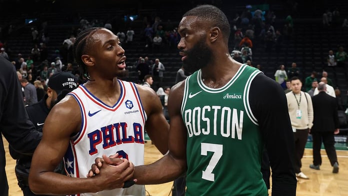 Jaylen Brown of the Boston Celtics during the 2026 NBA Playoffs against the Philadelphia 76ers