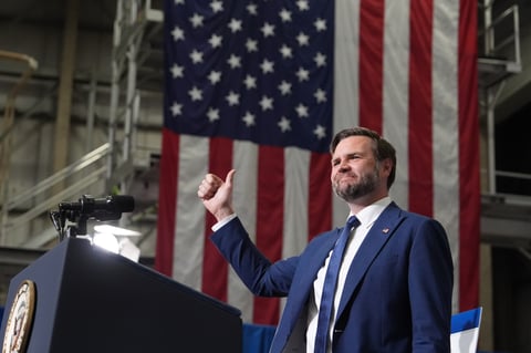 US Vice President JD Vance speaking at a Wisconsin Air National Guard event after making claims about Epstein and Israeli intelligence on Joe Rogan