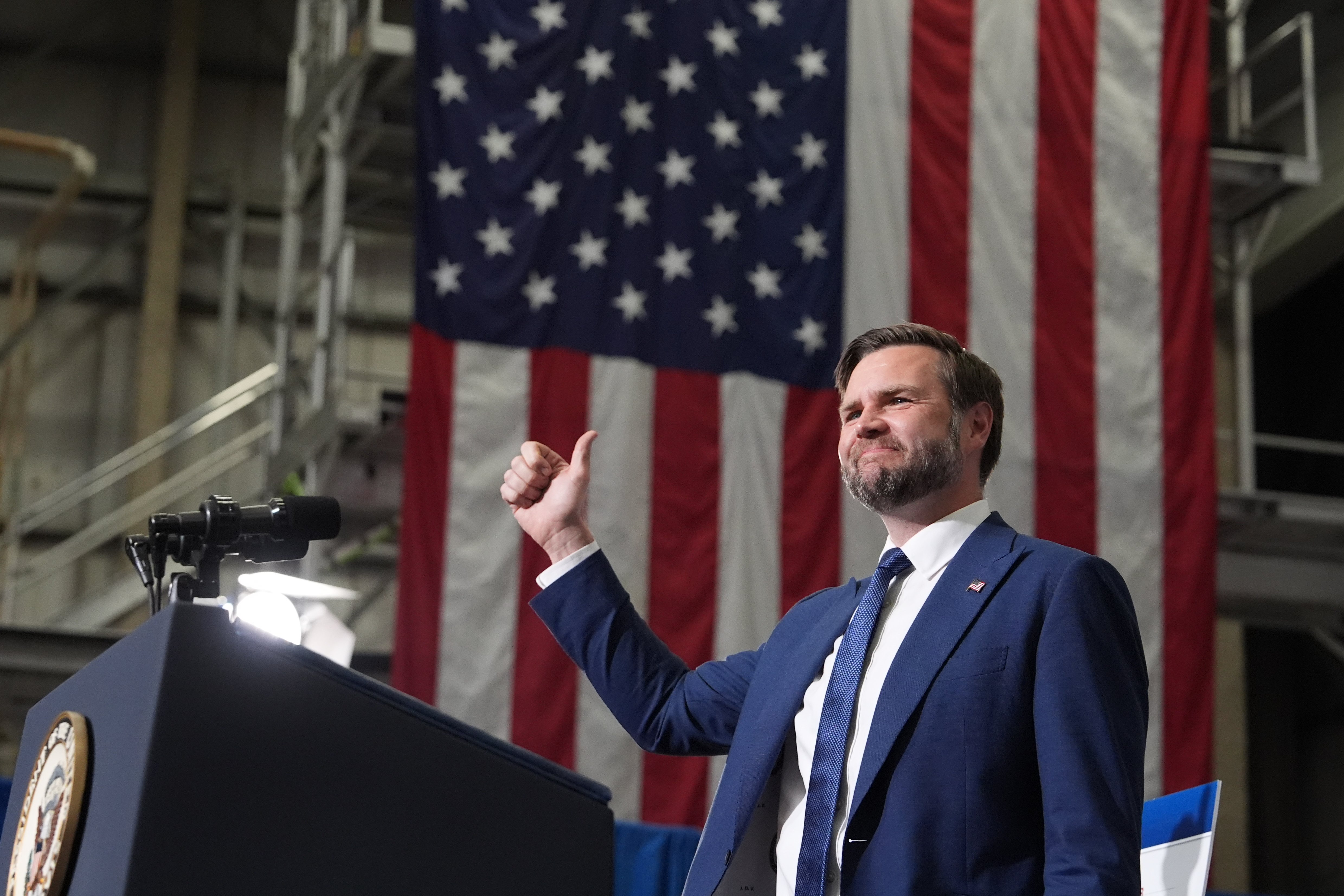 US Vice President JD Vance speaking at a Wisconsin Air National Guard event after making claims about Epstein and Israeli intelligence on Joe Rogan