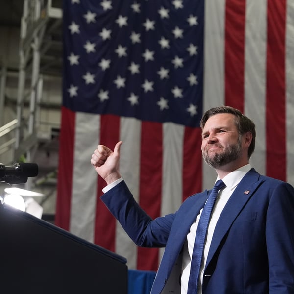 US Vice President JD Vance speaking at a Wisconsin Air National Guard event after making claims about Epstein and Israeli intelligence on Joe Rogan
