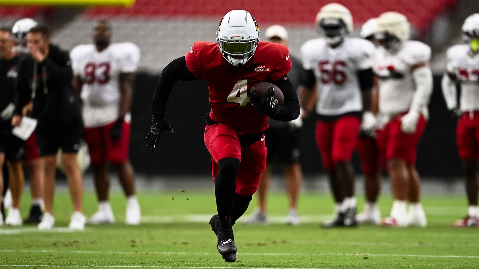 Jeremiyah Love in Arizona Cardinals pads at training camp 2026