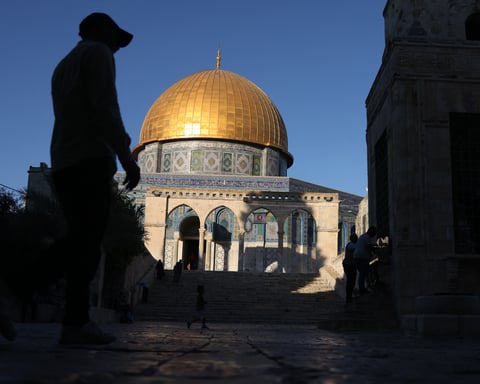 Sheikh Muhammad Hussein, Jerusalem Grand Mufti, outside Al-Aqsa Mosque in Jerusalem