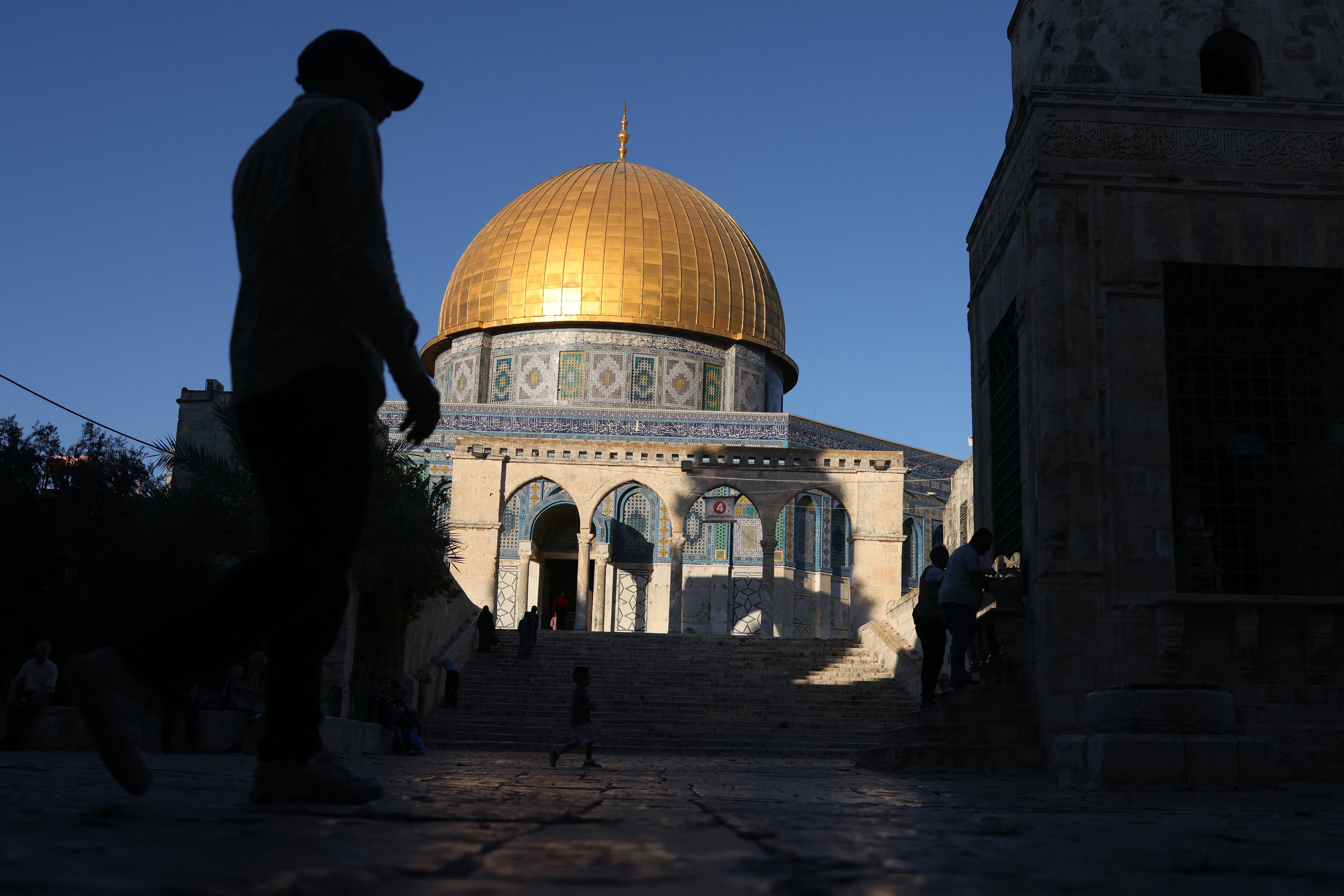 Sheikh Muhammad Hussein, Jerusalem Grand Mufti, outside Al-Aqsa Mosque in Jerusalem
