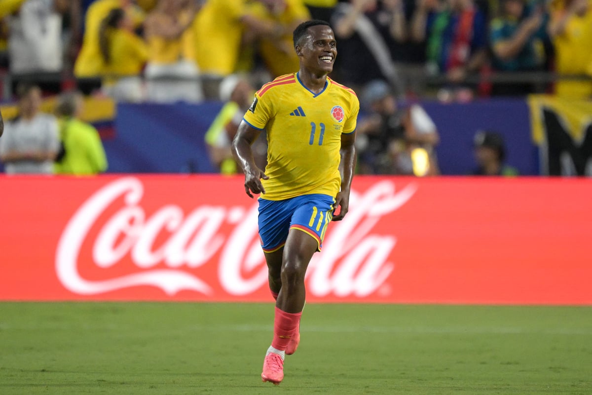 Colombia midfielder Jhon Arias celebrates scoring against Ghana at the 2026 World Cup Round of 32 in Kansas City