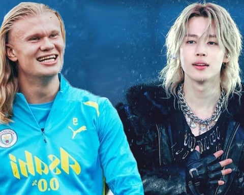 BTS Jimin on stage at Allianz Arena in Munich recreating Erling Haaland's iconic walk during the ARIRANG World Tour concert