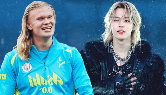 BTS Jimin on stage at Allianz Arena in Munich recreating Erling Haaland's iconic walk during the ARIRANG World Tour concert
