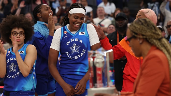 Jonquel Jones accepts the MVP award at the 2026 WNBA All-Star Game at United Center Chicago