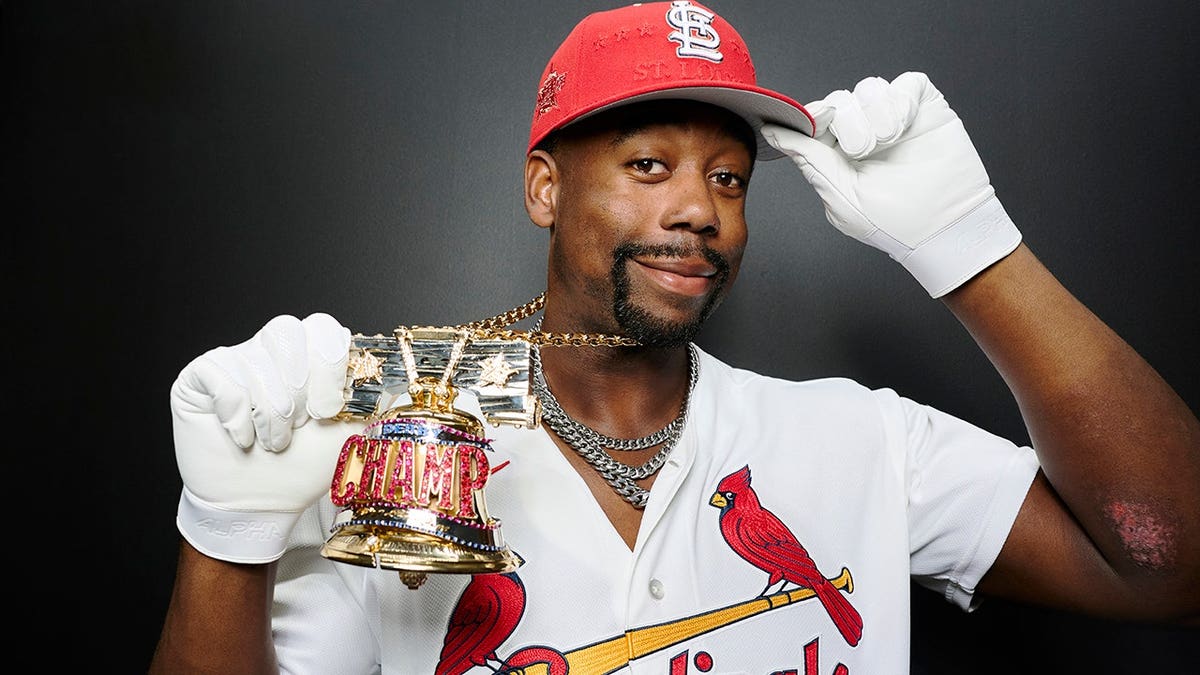 Jordan Walker poses as 2026 MLB Home Run Derby champion at Citizens Bank Park Philadelphia