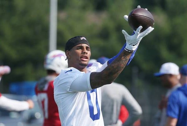 Josh Allen throwing during Buffalo Bills 2026 training camp at St. John Fisher University