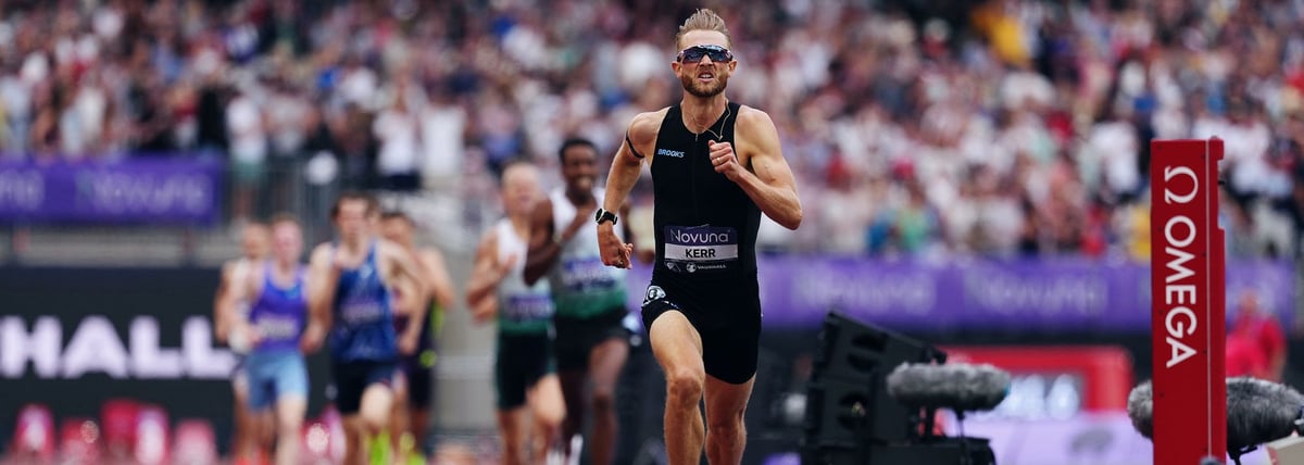 Josh Kerr crosses the finish line at London Stadium to break the mile world record with 3:42.66 at the London Diamond League