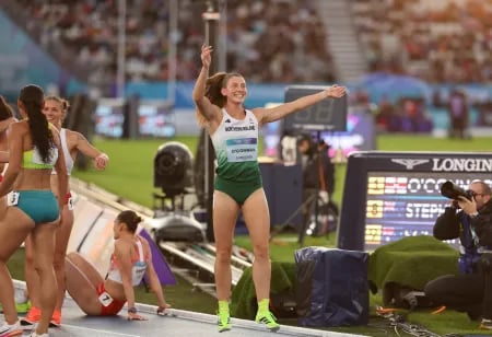 Kate O'Connor of Northern Ireland celebrates her heptathlon gold medal at the 2026 Commonwealth Games in Glasgow
