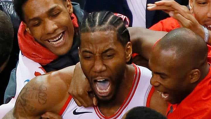 Kawhi Leonard and the Raptors celebrate his series-clinching shot in the 2019 NBA playoffs