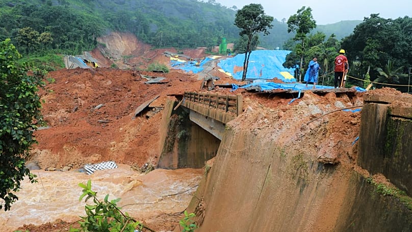 Mud and debris from the Wayanad landslide at Meppadi tunnel construction site, Kerala