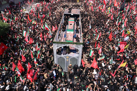 Millions of mourners fill Tehran's Azadi Avenue during the state funeral procession for Ayatollah Ali Khamenei on July 6, 2026
