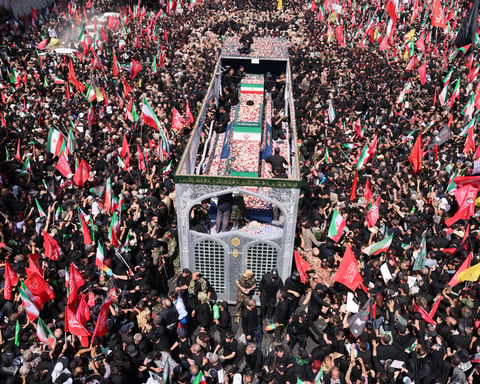 Millions of mourners fill Tehran's Azadi Avenue during the state funeral procession for Ayatollah Ali Khamenei on July 6, 2026