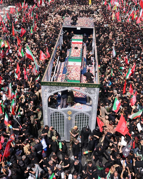 Millions of mourners fill Tehran's Azadi Avenue during the state funeral procession for Ayatollah Ali Khamenei on July 6, 2026