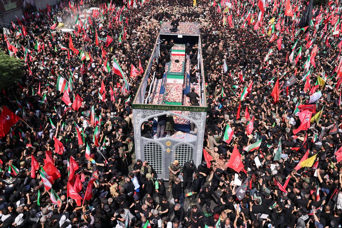 Millions of mourners fill Tehran's Azadi Avenue during the state funeral procession for Ayatollah Ali Khamenei on July 6, 2026