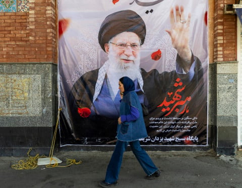 Mourning billboard in Tehran depicting Supreme Leader Ali Khamenei ahead of state funeral