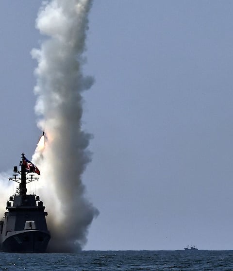 Kim Jong Un watches test launch of strategic cruise missiles from North Korean destroyer Kang Kon