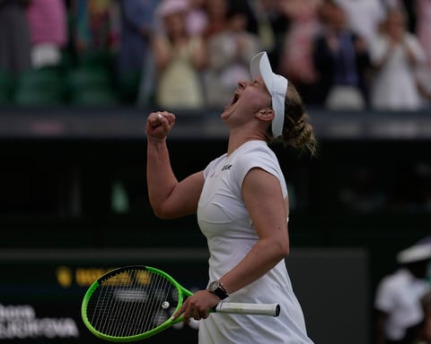 Barbora Krejcikova celebrates victory over Mirra Andreeva at Wimbledon 2026 Centre Court