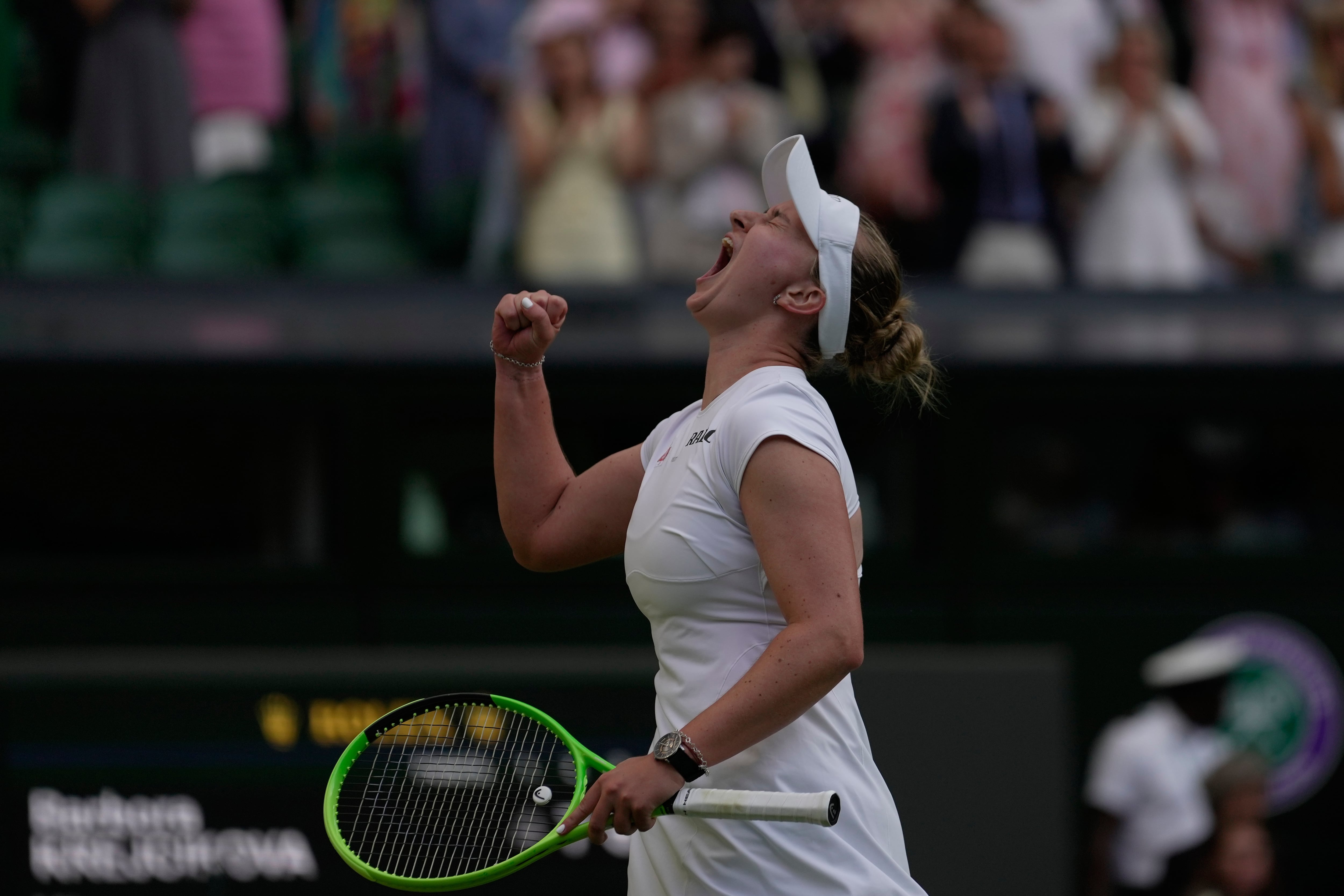 Barbora Krejcikova celebrates victory over Mirra Andreeva at Wimbledon 2026 Centre Court