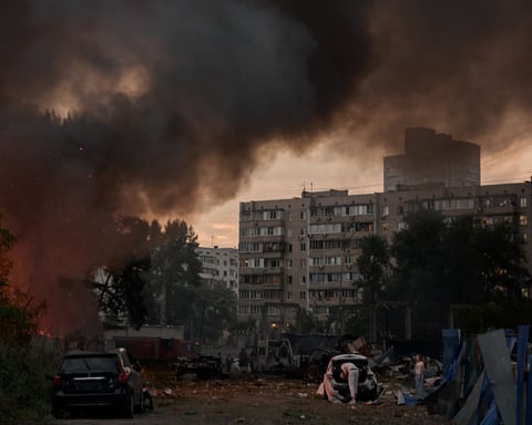 Garage cooperative burning after Russian missile strike on Kyiv residential district July 6 2026