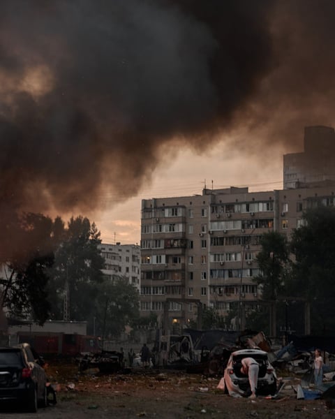 Garage cooperative burning after Russian missile strike on Kyiv residential district July 6 2026